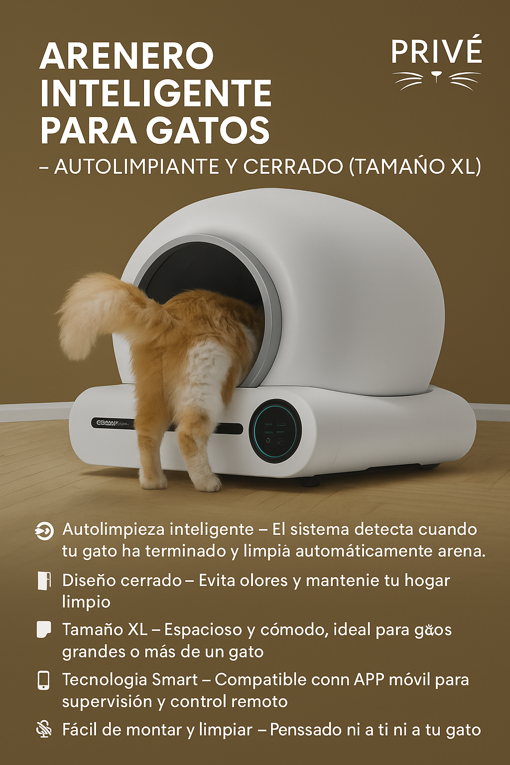 Arenero Autolimpiable - 🐾 Arenero Inteligente Bigotes Privé – Comodidad y limpieza para tu gato (Tamaño XL)